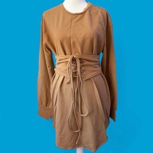 AKIRA Tan Long Sleeve Lace-Up Dress